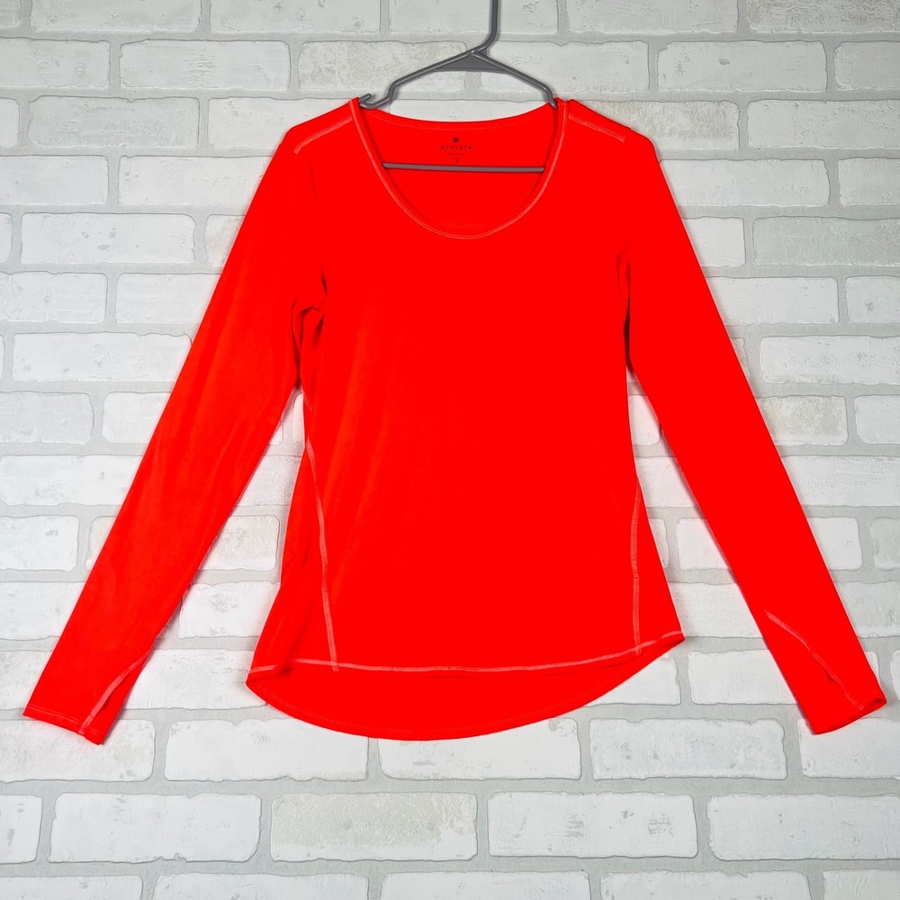 Athleta Womens Neon Orange Long Sleeve Activewear Top Thumbholes Small